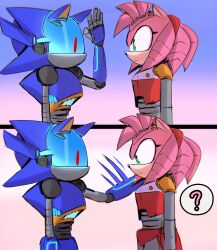 Rule 34 | 1boy, 1girl, ?, blue hair, chaos sonic, green eyes, hairband, hand on another&#039;s shoulder, hand up, highres, looking at another, mechanical arms, metal sonic, non-humanoid robot, pink background, pink hair, red eyes, red hairband, robot, robot animal, robot ears, robot girl, rusty rose, simple background, sonic (series), sonic prime