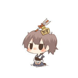Rule 34 | 10s, 1girl, arrow (projectile), arrow in body, arrow in head, bell, black eyes, blush, brown hair, kaga (kancolle), kantai collection, lowres, object on head, object through head, rebecca (keinelove), ribbon, short hair, side ponytail, sitting, solo