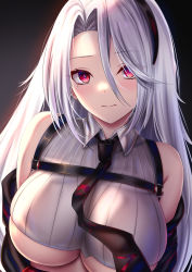 Rule 34 | 1girl, akeyama kitsune, azur lane, bare shoulders, black background, black hairband, black necktie, blush, breasts, closed mouth, collared shirt, commentary request, hair between eyes, hairband, large breasts, long hair, looking at viewer, mole, mole under eye, necktie, prinz heinrich (azur lane), red eyes, shirt, simple background, solo, underboob, upper body, white hair