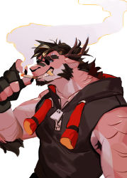 Rule 34 | 1boy, animal ears, armpit hair, bara, bare arms, black hair, black jacket, body fur, cigarette, dragon boy, dragon ears, dragon horns, facial hair, furry, furry male, goatee, highres, horns, jacket, large pectorals, male focus, mature male, muscular, muscular male, original, pectorals, pink fur, round eyewear, seato-hao, short hair, sideburns, sidepec, sleeveless, sleeveless jacket, smile, smoking, snout, solo, sunglasses, unfinished, upper body