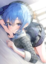Rule 34 | 1girl, absurdres, beret, blue eyes, blue hair, blurry, blurry background, blush, crown hair ornament, frilled skirt, frills, grey jacket, hashtag-only commentary, hat, highres, hololive, hoshimachi suisei, hoshimachi suisei (1st costume), izumi kei, jacket, light blue hair, looking at viewer, lying, on stomach, plaid, plaid headwear, plaid jacket, plaid skirt, side ponytail, skirt, sleeves past elbows, smile, solo, star (symbol), star in eye, symbol in eye, virtual youtuber