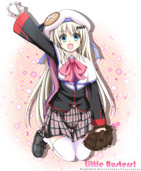 Rule 34 | 1girl, baseball, baseball glove, blue eyes, bow, cape, hat, highres, little busters!, long hair, negiya, noumi kudryavka, pink bow, plaid clothes, plaid skirt, school uniform, silver hair, skirt, thighhighs