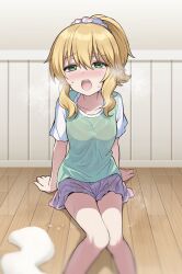 Rule 34 | 1girl, absurdres, blonde hair, blush, bra visible through clothes, collarbone, commentary request, commission, dddd akagi, exhausted, green eyes, green shirt, hair between eyes, hair ornament, hair scrunchie, highres, idolmaster, idolmaster cinderella girls, idolmaster cinderella girls u149, looking ahead, nose blush, open mouth, pink skirt, pixiv commission, ponytail, sakurai momoka, scrunchie, shirt, short sleeves, sidelocks, sitting, skirt, solo, sweat, sweatdrop, tearing up, thighs, towel, wet, wet clothes, white towel