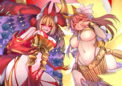 Rule 34 | 2girls, amaterasu (fate), animal ear fluff, animal ears, animal hands, black flower, blonde hair, body markings, breasts, claws, commentary, evil smile, facial mark, fangs, fate/extra, fate/grand order, fate/grand order arcade, fate (series), flower, fox ears, fox tail, from below, fur, gold bracelet, hair intakes, highres, large breasts, looking at viewer, looking down, multiple girls, multiple tails, navel, nero claudius (fate), nero claudius (fate) (all), official alternate costume, queen draco (beast vi/s) (fate), queen draco (fate), red eyes, revealing clothes, sharp teeth, smile, tail, tamamo (fate), teeth, underboob, wisespeak, wolf ears, wolf girl, yellow eyes