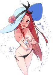 Rule 34 | 1girl, absurdres, bikini, bikini bottom only, black bikini, black ribbon, blue hat, blush, breasts, brown hair, cleavage, collarbone, feet out of frame, from above, hair ribbon, hat, highres, hugging object, idolmaster, idolmaster (classic), kouki (chancegak), long hair, looking at viewer, medium breasts, minase iori, open mouth, red eyes, revision, ribbon, side-tie bikini bottom, simple background, solo, stuffed animal, stuffed rabbit, stuffed toy, swimsuit, tearing up, teeth, topless, upper teeth only, white background