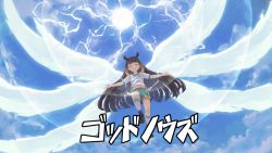 Rule 34 | 1girl, alternate costume, blue sky, blunt bangs, closed eyes, clothes writing, commentary request, energy ball, full body, god knows (hissatsu), hissatsu, hololive, hololive english, inazuma eleven, inazuma eleven (series), laing, long hair, multiple wings, ninomae ina&#039;nis, purple hair, seraph, shorts, sky, soccer uniform, solo, sportswear, tentacle hair, translated, virtual youtuber, white wings, wings