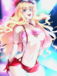 Rule 34 | 00s, 1girl, arms up, bandeau, blonde hair, blue eyes, breasts, breasts apart, covered erect nipples, gloves, hairu, hat, long hair, macross, macross frontier, microphone, navel, open mouth, peaked cap, sheryl nome, short shorts, shorts, smile, solo, spotlight, strapless, stripper, suspenders, tongue, tube top, underboob