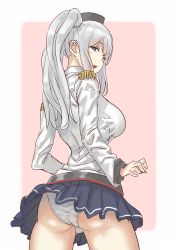 Rule 34 | 1girl, absurdres, ass, belt, beret, black hat, blue eyes, blue skirt, blush, border, breasts, epaulettes, frilled sleeves, frills, grey belt, grey shirt, hat, highres, jacket, kantai collection, kashima (kancolle), large breasts, long hair, long sleeves, looking at viewer, looking back, open mouth, outside border, panties, pink background, pleated skirt, shirt, silver hair, skirt, solo, striped clothes, striped skirt, underwear, upper body, uru (uru0000), white border, white jacket, white panties