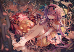 Rule 34 | 1girl, bandages, barefoot, belt, black nails, blurry, blurry background, blurry foreground, bow, candy, capelet, chain, dress, epaulettes, feet, fingernails, flower, food, frills, full body, glint, hair between eyes, hair flower, hair ornament, halloween, holding, holding candy, holding food, holding lollipop, jack-o&#039;-lantern, knees up, lollipop, long hair, looking at viewer, nail polish, pink bow, pink eyes, purple hair, sitting, skull, solo, spikes, stitches, table, tattoo, toenail polish, toenails, touhou, tsukumo benben, white capelet, white flower, wrist cuffs, yasato, yellow dress