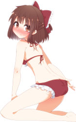 Rule 34 | &gt;:t, 1girl, :t, adjusting clothes, adjusting swimsuit, aoi (annbi), ass, back, bikini, bikini pull, blush, bow, brown eyes, brown hair, butt crack, clothes pull, full-face blush, hakurei reimu, highres, kneeling, legs, looking at viewer, pout, puffy cheeks, puffy cheeks, short hair, solo, swimsuit, touhou, v-shaped eyebrows, wedgie
