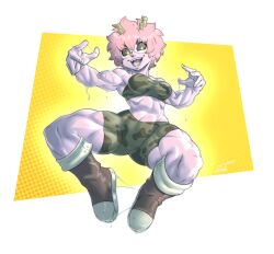 Rule 34 | 1girl, absurdres, alternate muscle size, ashido mina, bike shorts, black sclera, boku no hero academia, boots, breasts, brown footwear, colored sclera, colored skin, full body, gage 199x, highres, horns, medium breasts, midair, multicolored clothes, muscular, muscular arms, muscular female, muscular legs, open mouth, pink hair, pink skin, short hair, skin tight, slime (substance), smile, solo, strapless, thick thighs, thighs, tube top, yellow eyes