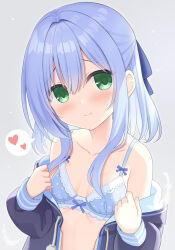 Rule 34 | 1girl, blue hair, blush, breasts, casual, closed mouth, collarbone, commentary, commentary request, green eyes, grey background, hair between eyes, hair ornament, hamidashi creative, heart, highres, jacket, medium hair, nishiki asumi, portrait, simple background, small breasts, smile, solo, spoken heart, symbol-only commentary, undressing, utsunomiya tsumire