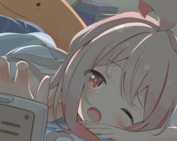 Rule 34 | 1girl, ;o, absurdres, ahoge, alarm clock, blush, book, book stack, brown eyes, c:, clock, commentary, eyes visible through hair, foreshortening, grey hair, highres, indoors, light particles, looking at viewer, lying, miyatanpo615, multicolored hair, on stomach, one eye closed, onii-chan wa oshimai!, oyama mahiro, pink hair, smile, solo, tears, two-tone hair, waking up, wince