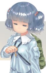 Rule 34 | 1girl, backpack, bag, blue eyes, blue hair, closed mouth, hair bobbles, hair ornament, highres, kawashiro nitori, key, long sleeves, looking away, looking down, monosenbei, short hair, short twintails, solo, squinting, touhou, twintails, upper body