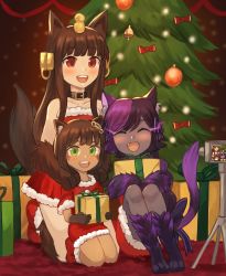 Rule 34 | 3girls, :d, ^ ^, absurdres, animal ears, animal hands, anubis (monster girl encyclopedia), bell, black skin, blush, box, brown hair, camera, cat ears, cat tail, character request, cheshire cat (monster girl encyclopedia), christmas, christmas ornaments, christmas tree, closed eyes, collar, colored skin, commission, dark-skinned female, dark skin, dog ears, dog tail, facial mark, facing viewer, fangs, fur trim, fusion, gift, gift box, green eyes, hands on another&#039;s shoulders, hellhound (monster girl encyclopedia), highres, holding, holding gift, kneeling, looking at viewer, monster girl, monster girl encyclopedia, monster girl encyclopedia ii, multiple girls, open mouth, red eyes, sitting, smile, sookmo, tail, teeth, upper teeth only