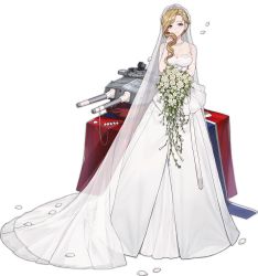 Rule 34 | 1girl, alternate costume, asymmetrical hair, azur lane, blonde hair, blue eyes, bouquet, breasts, bridal veil, cleavage, collarbone, detached sleeves, dress, earrings, eyebrows, eyelashes, facing viewer, flower, full body, highres, holding, holding bouquet, hood (azur lane), hood (rosey love poem) (azur lane), jewelry, large breasts, long hair, long sleeves, looking at viewer, machinery, necklace, official art, pearl necklace, petals, rose, sa (h28085), see-through, single hair intake, skindentation, sleeves past wrists, smile, solo, standing, strapless, strapless dress, tareme, tears, tiara, transparent background, turret, veil, wedding dress, white dress, white flower, white rose