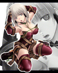 Rule 34 | 1girl, armpits, arms behind head, breasts, cleavage, elbow gloves, fantasy earth zero, female focus, full body, gloves, grey eyes, halftone, halftone background, highres, large breasts, long hair, mr.romance, partially colored, silver hair, sitting, solo, thighhighs, wariza, zoom layer