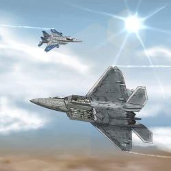 Rule 34 | ace combat, ace combat 04, ace combat zero, aircraft, airplane, bandai namco, blue sky, cipher (ace combat), cloud, contrail, day, f-15, f-15 eagle, f-22, f-22 raptor, fighter jet, jet, lowres, military, military vehicle, missile, mobius 1, namco, no humans, ragi (00203), resized, sky, sun, vehicle focus