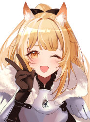Rule 34 | 1girl, :d, animal ears, arknights, armor, black bow, black gloves, blemishine (arknights), blonde hair, blush, bow, breastplate, fur-trimmed armor, fur trim, gloves, hair bow, hand up, highres, horse ears, horse girl, long bangs, long hair, looking at viewer, one eye closed, one side up, open mouth, orange eyes, pauldrons, raramente, shoulder armor, sidelocks, simple background, smile, solo, straight-on, upper body, v, vambraces, white background