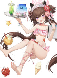 Rule 34 | 1girl, bare shoulders, barefoot, bikini, blue archive, brown hair, child, commentary, flat chest, flower, frilled bikini, frills, hair flower, hair ornament, halo, happy, highleg, highleg bikini, highres, holding, holding plate, iino (isnyong), long hair, looking at viewer, navel, pink bikini, plate, purple eyes, shizuko (blue archive), shizuko (swimsuit) (blue archive), smile, solo, spaghetti strap, stomach, swimsuit, twintails, white headdress