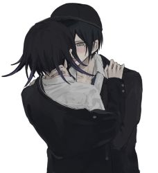 Rule 34 | 1boy, 1girl, bagns, black hair, black headwear, black jacket, blush, brown eyes, collarbone, collared shirt, commentary request, danganronpa (series), danganronpa v3: killing harmony, glasses, gradient hair, grey shirt, hand on another&#039;s neck, hand on another&#039;s shoulder, hat, imminent kiss, iumi urura, jacket, long sleeves, looking at another, male focus, multicolored hair, off shoulder, oma kokichi, purple hair, saihara shuichi, shirt, short hair, simple background, upper body, white background, white shirt, yaoi