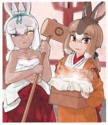 Rule 34 | 2girls, :3, absurdres, alternate costume, animal ears, apron, bare shoulders, blue bow, blue eyes, blush, bow, breast band, brown eyes, brown hair, dress, glowing, glowing eye, hair between eyes, hair bow, hakama, hammer, heterochromia, highres, japanese clothes, japanese hare (kemono friends), japari symbol, kappougi, kemono friends, light brown hair, long sleeves, looking at viewer, midriff, mittens, multicolored hair, multiple girls, navel, nontraditional miko, orange dress, rabbit ears, rabbit girl, rabbit tail, red hakama, short hair, tail, toriny, tsukuyomi shinshi (kemono friends), white hair, yellow eyes