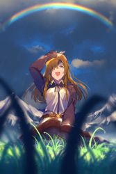 Rule 34 | 1girl, belt, black ribbon, blue eyes, brown pantyhose, cloud, collared shirt, commentary request, crying, crying with eyes open, echo (circa), eyepatch, fate/grand order, fate (series), grass, jacket, long hair, long sleeves, looking up, mountain, neck ribbon, open mouth, ophelia phamrsolone, orange hair, outdoors, pantyhose, rainbow, ribbon, shirt, shrug (clothing), sitting, sky, smile, solo, tears
