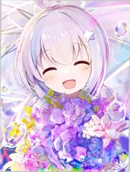 Rule 34 | 1girl, ^ ^, absurdres, ahoge, blue archive, blue hair, blush, bouquet, chamoraile, closed eyes, commentary, d:, facing viewer, flower, hair ornament, highres, holding, holding umbrella, long hair, multicolored hair, open mouth, pink hair, purple flower, purple hair, reisa (blue archive), smile, solo, star (symbol), star hair ornament, two-tone hair, umbrella, upper body, water drop