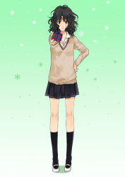 Rule 34 | 1girl, absurdres, amagami, bad id, bad pixiv id, black eyes, black hair, blush, frown, gift, hand on own hip, highres, holding, holding gift, incoming gift, messy hair, miniskirt, pleated skirt, school uniform, skirt, solo, standing, sumishuu, sweater, tanamachi kaoru, valentine