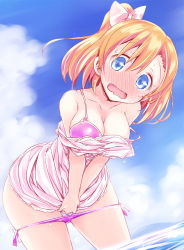 Rule 34 | 10s, 1girl, bikini, blue eyes, blush, bow, breasts, bulbonne, cleavage, collarbone, covering privates, covering crotch, dress, embarrassed, gradient background, hair bow, highres, kosaka honoka, looking at viewer, loose bikini, love live!, love live! school idol project, medium breasts, ocean, open mouth, orange hair, short hair, side ponytail, solo, sweatdrop, swimsuit
