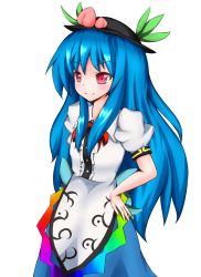Rule 34 | 1girl, blue hair, blush, bow, female focus, food, fruit, hand on own hip, hat, highres, hinanawi tenshi, krace, long hair, peach, red eyes, simple background, smile, solo, touhou, transparent background, very long hair, white background