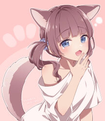Rule 34 | 1girl, animal ears, arm support, artist name, blue eyes, blush, breasts, brown hair, commentary request, extra ears, hand up, hinata mizuiro, kemonomimi mode, large breasts, looking at viewer, mochizuki honami, off shoulder, open mouth, pink background, project sekai, scrunchie, shirt, short ponytail, side ponytail, solo, t-shirt, tail, tearing up, upper body, white shirt, yawning