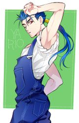 Rule 34 | 1boy, blue hair, cu chulainn (fate), cu chulainn (fate/stay night), fate/stay night, fate (series), long hair, male focus, mario (series), mayuki (ubiquitous), nintendo, official alternate costume, overalls, ponytail, red eyes, short sleeves, simple background, solo