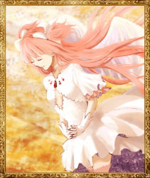 Rule 34 | 1girl, angel wings, blunt bangs, breasts, choker, cleavage cutout, closed eyes, closed mouth, clothing cutout, cowboy shot, dress, dutch angle, eyelashes, facing away, feathered wings, female focus, floating hair, framed, gloves, gradient background, hair ribbon, head down, interlocked fingers, kaname madoka, layered dress, layered sleeves, legs together, light smile, long dress, long hair, mahou shoujo madoka magica, mahou shoujo madoka magica (anime), own hands together, picture frame, pink hair, pink thighhighs, ribbon, roku no ji, simple background, small breasts, solo, thighhighs, two side up, ultimate madoka, v arms, very long hair, white choker, white dress, white gloves, white ribbon, white wings, wide sleeves, wings, zettai ryouiki