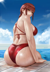 Rule 34 | 1girl, absurdres, alternate costume, ass, bare back, bare shoulders, bikini, blue sky, breasts, chainsaw man, cloud, cloudy sky, commentary request, easonx, from behind, hat, highres, large breasts, makima (chainsaw man), medium hair, nape, outdoors, pool, poolside, red bikini, red hair, sky, solo, sun hat, swimsuit, water, wet