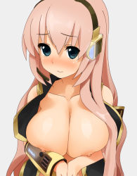 Rule 34 | 1girl, blue eyes, blush, breasts, cleavage, headphones, huge breasts, kaisen chuui, long hair, megurine luka, nipples, open clothes, open shirt, pink hair, shirt, solo, vocaloid