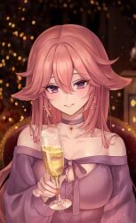 Rule 34 | 1girl, absurdres, alcohol, alternate costume, animal ears, bad id, bad twitter id, bare shoulders, blurry, blurry background, blush, bokeh, breasts, chair, champagne, champagne flute, choker, cleavage, cleavage cutout, clothing cutout, collarbone, commentary, cup, depth of field, drink, drinking glass, earrings, floppy ears, fox ears, genshin impact, hair between eyes, hair intakes, heart, highres, holding, holding cup, holding drink, jewelry, large breasts, long hair, long sleeves, looking at viewer, miho (mymiho), nail polish, off-shoulder sweater, off shoulder, on chair, parted lips, pendant choker, pink hair, purple choker, purple eyes, purple sweater, red nails, sitting, smile, solo, sweater, upper body, yae miko