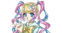 Rule 34 | 1girl, :d, blonde hair, blue bow, blue eyes, blue hair, blue nails, blue shirt, bow, chouzetsusaikawa tenshi-chan, commentary request, hair bow, hair ornament, hand up, heart, heart hair ornament, highres, long hair, long sleeves, looking at viewer, multicolored hair, multicolored nails, nail polish, needy girl overdose, open hand, open mouth, pink bow, pink hair, pink nails, purple bow, purple hair, quad tails, sailor collar, shinsekai (z o10), shirt, simple background, smile, solo, twintails, upper body, white background, yellow bow, yellow nails