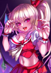 Rule 34 | 1girl, artist name, ascot, blonde hair, bow, claw pose, collarbone, cowboy shot, crystal, fingernails, flandre scarlet, hair bow, hakai no ika, highres, looking at viewer, multicolored wings, nail polish, no headwear, one side up, open mouth, pleated skirt, puffy short sleeves, puffy sleeves, red bow, red eyes, red nails, red skirt, red vest, sailor collar, sharp fingernails, sharp teeth, shirt, short sleeves, skirt, solo, teeth, tongue, tongue out, touhou, vest, white sailor collar, white shirt, wings, wrist cuffs, yellow ascot