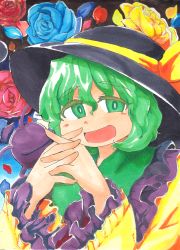 Rule 34 | 1girl, blue rose, bow, flower, frills, green eyes, green hair, hat, hat bow, highres, komeiji koishi, matching hair/eyes, open mouth, ramototu, rose, solo, steepled fingers, touhou, traditional media, wide sleeves, yellow rose