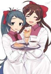 Rule 34 | 10s, 2girls, :d, ^ ^, ahoge, apron, bad id, bad twitter id, blush, bow, brown hair, closed eyes, coffee, collared shirt, crepe, food, green eyes, grey hair, hair bow, hair ornament, hairclip, irako (kancolle), kantai collection, kappougi, kikurina, long hair, looking at viewer, mamiya (kancolle), multiple girls, necktie, open mouth, ponytail, shirt, simple background, smile, tray, very long hair, white background