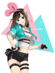 Rule 34 | 1girl, :q, belt, belt pouch, bike shorts, black gloves, black shorts, bracelet, breasts, brown hair, choker, commentary request, cropped jacket, fingerless gloves, gloves, green eyes, hairband, hand on own hip, head tilt, headphones, headphones around neck, heart, heart choker, highres, hood, hood down, hooded jacket, jacket, jewelry, kizuna ai, kizuna ai (a.i. games), kizuna ai inc., lace trim, looking at viewer, midriff, multicolored hair, nail polish, navel, official alternate costume, pink choker, pink hair, pink hairband, pink nails, pouch, rozics, short shorts, shorts, small breasts, solo, sparkle, standing, streaked hair, swept bangs, thigh gap, thigh strap, tongue, tongue out, two-tone hair, vaporwave, virtual youtuber