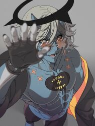 Rule 34 | 1boy, abs, ark1478, black gloves, black halo, blue horns, blue skin, chest tattoo, colored skin, spiked halo, dark halo, fingerless gloves, gloves, grey hair, guilty gear, guilty gear strive, halo, happy chaos, heart, heart tattoo, highres, horns, looking at viewer, male focus, orange-tinted eyewear, pectorals, simple background, smile, tattoo, tinted eyewear, x-shaped eyewear, yellow eyes