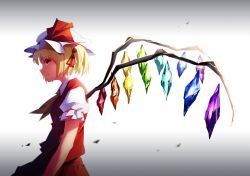 Rule 34 | 1girl, ascot, blonde hair, chen bin, cowboy shot, crystal, flandre scarlet, gradient background, hat, hat ribbon, highres, looking at viewer, mob cap, profile, puffy sleeves, red eyes, ribbon, shirt, short hair, short sleeves, side ponytail, skirt, skirt set, slouching, smile, solo, touhou, upper body, vest, wings, yellow ascot