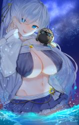 Rule 34 | 1girl, absurdres, anastasia (fate), anastasia (swimsuit archer) (fate), anastasia (swimsuit archer) (third ascension) (fate), bad id, bad pixiv id, bare shoulders, bikini, blue bikini, blue eyes, blue skirt, blush, bow, breasts, cleavage, collarbone, doll, fate/grand order, fate (series), hair bow, hair over one eye, highres, huge filesize, innertube, jewelry, large breasts, long hair, long sleeves, looking at viewer, miniskirt, navel, necklace, night, night sky, ocean, open mouth, ponytail, puffy long sleeves, puffy sleeves, silver hair, skirt, sky, smile, star (sky), starry sky, swim ring, swimsuit, tsumuko, very long hair, viy (fate), wading