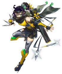 Rule 34 | 1girl, ahoge, anonymous (yu-gi-oh!), bare shoulders, black hair, black scarf, blonde hair, breasts, duel monster, elbow gloves, fingerless gloves, forehead protector, game cg, gloves, gradient hair, green eyes, highres, holding, holding shuriken, holding weapon, kunai, large breasts, multicolored hair, official art, ponytail, s-force rappa chiyomaru, s:p little knight, scarf, scarf over mouth, shuriken, sleeveless, solo, thighhighs, third-party source, transparent background, weapon, yu-gi-oh!, yu-gi-oh! master duel
