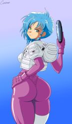 Rule 34 | 1girl, aoi karin, ass, blue hair, bodysuit, braid, breasts, canime, dna^2, from behind, gloves, green eyes, gun, hand on own hip, huge ass, looking at viewer, looking back, medium breasts, purple bodysuit, shiny clothes, short hair, sideboob, single thighhigh, smile, solo, thighhighs, weapon