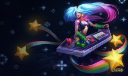 Rule 34 | 1girl, aqua hair, arcade sona, bare shoulders, blue eyes, blue hair, blush, breasts, controller, earrings, elbow gloves, fingerless gloves, game controller, gloves, gradient hair, hair ornament, highres, jewelry, joystick, league of legends, long hair, matching hair/eyes, midriff, multicolored hair, music, nail polish, necklace, o-ring, o-ring top, official art, official wallpaper, open mouth, pearl necklace, pink hair, playing games, smile, solo, sona (league of legends), star (symbol), star earrings, twintails, very long hair, video game, wallpaper