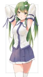Rule 34 | 1girl, absurdres, ahoge, armpits, arms up, blue skirt, breasts, detached sleeves, frilled skirt, frills, frog hair ornament, green eyes, green hair, hair ornament, hair tubes, highres, kochiya sanae, long hair, looking at viewer, medium breasts, miniskirt, nontraditional miko, open mouth, parted lips, pleated skirt, shirt, skirt, sleeveless, sleeveless shirt, snake hair ornament, solo, thighhighs, touhou, white background, white shirt, white sleeves, white thighhighs, yamabukiiro (browncat)