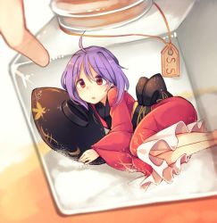 Rule 34 | 1girl, ahoge, bottle, bowl, commentary request, japanese clothes, kimono, legs together, long sleeves, lying, mini person, minigirl, obi, one-hour drawing challenge, purple hair, red eyes, sash, solo focus, sukuna shinmyoumaru, tama (soon32281), touhou, wide sleeves